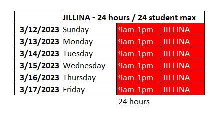 jillina schedule